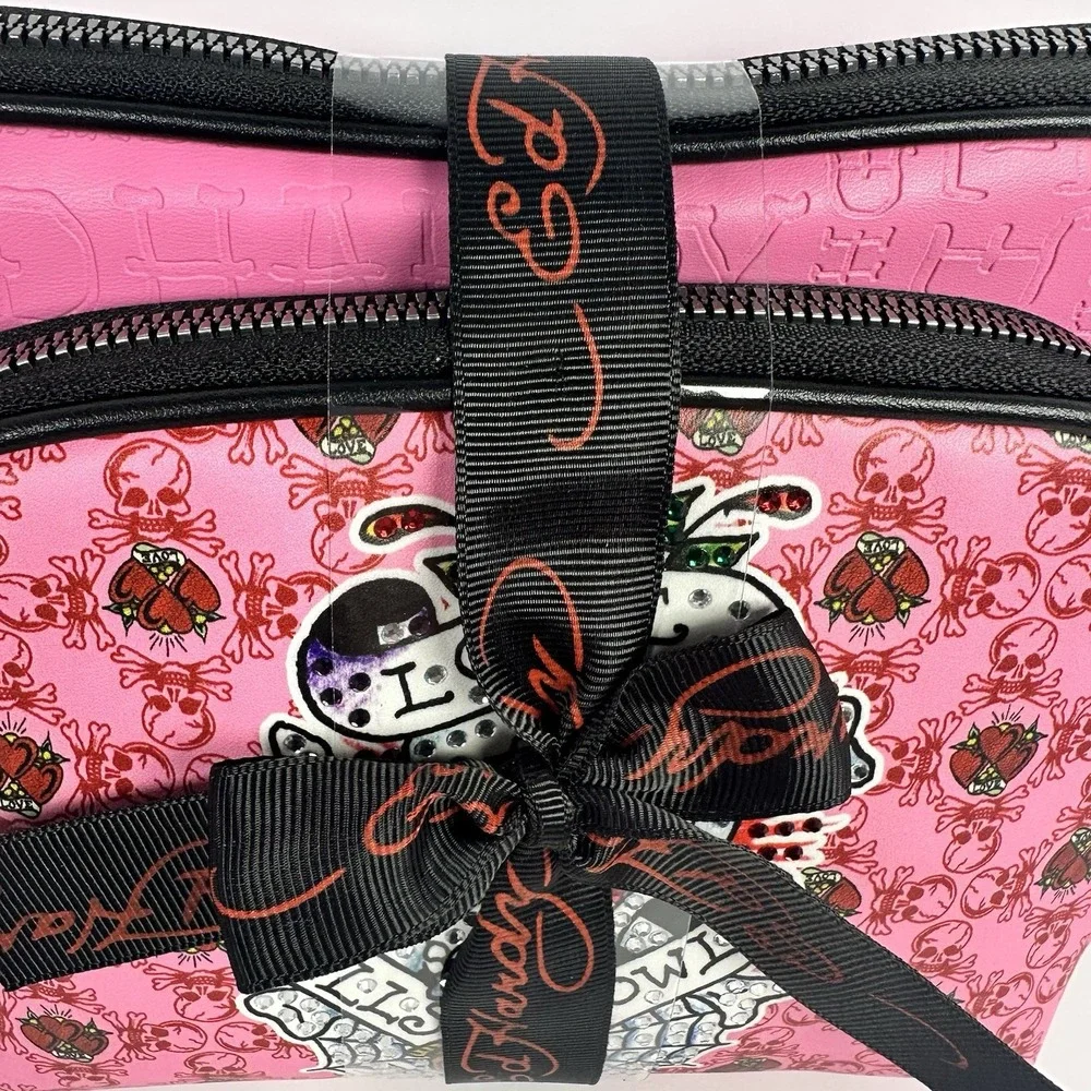 Ed Hardy Pink Skull Heart 2PC Cosmetic Bag Set Rhinestone Makeup Bags NWT